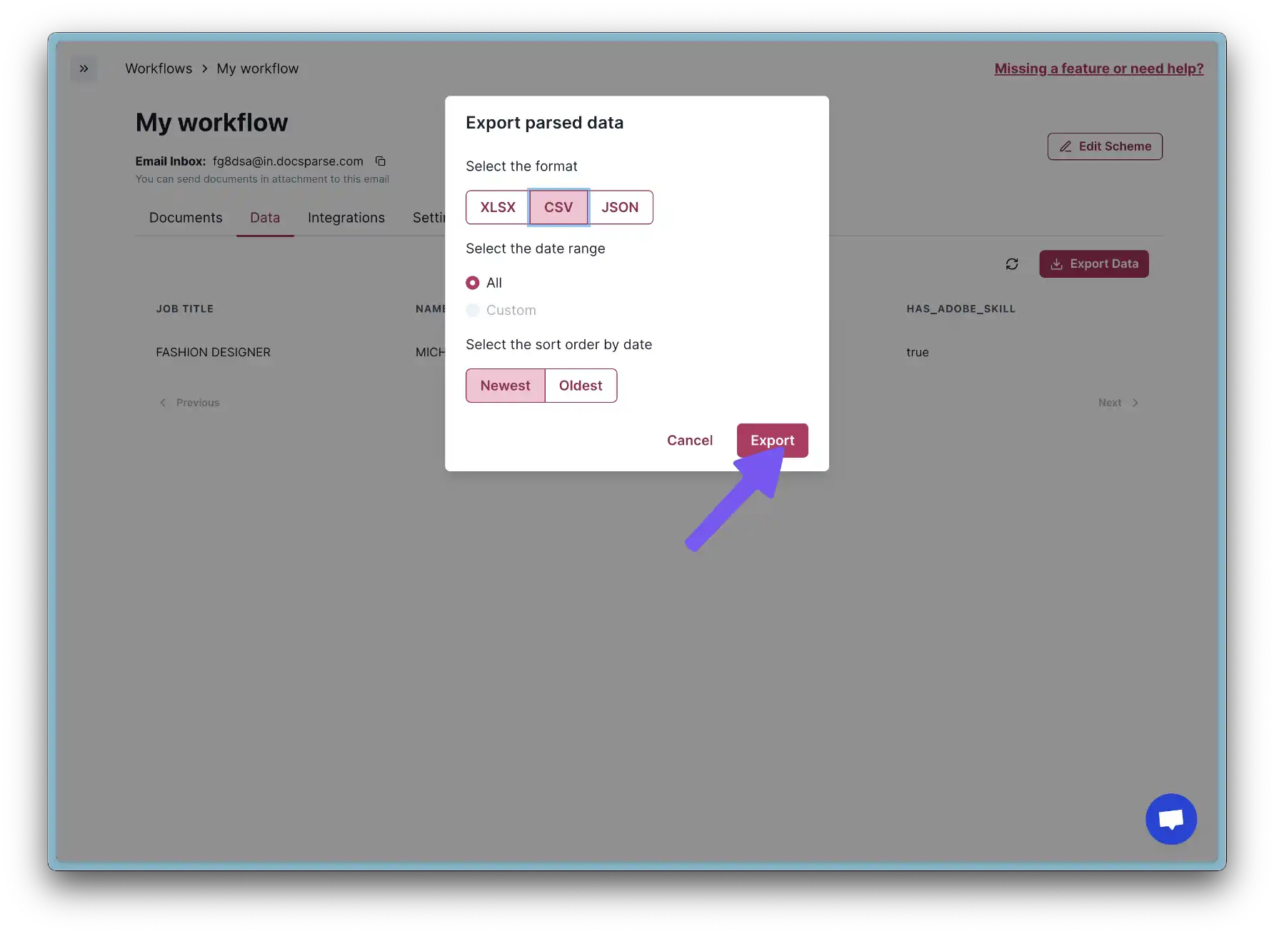 Selecting CSV format