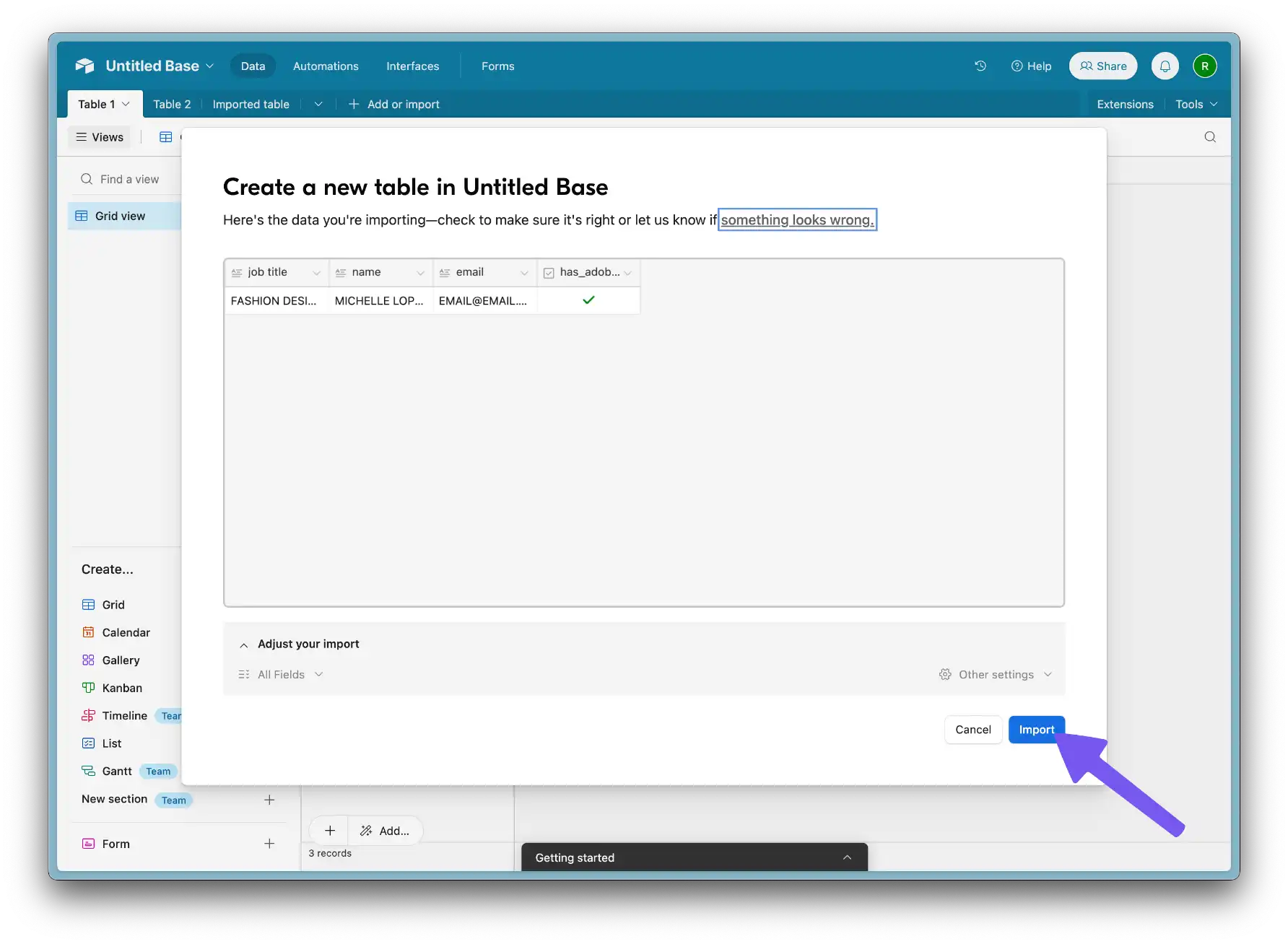 Confirming import in Airtable